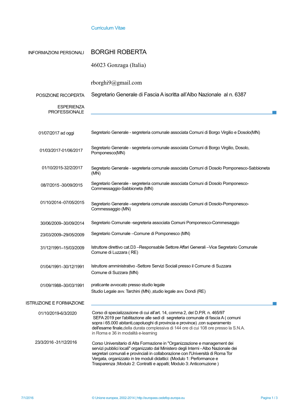 Curriculum Segretario Comunale Borghi Roberta