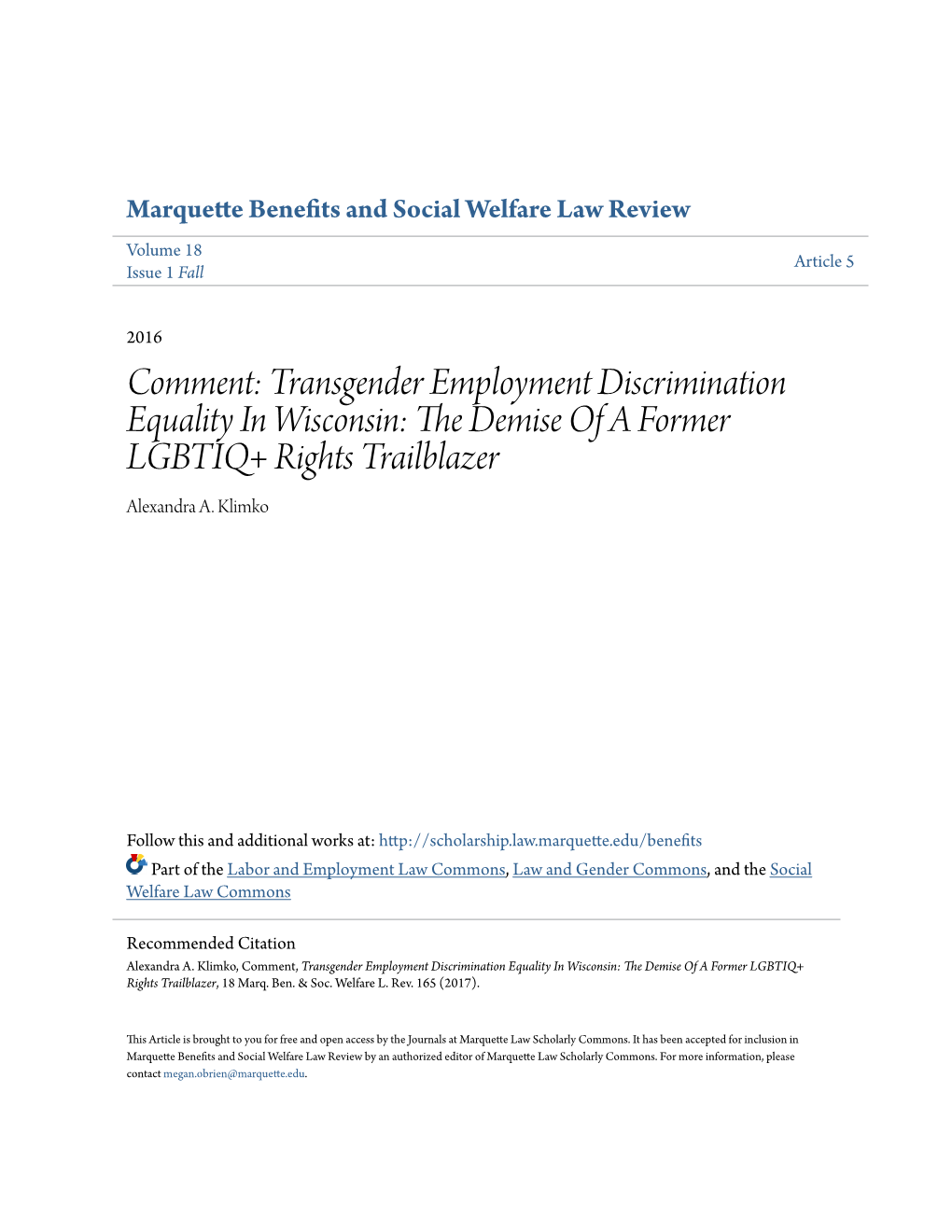 Transgender Employment Discrimination Equality in Wisconsin: the Demise of a Former LGBTIQ+ Rights Trailblazer Alexandra A