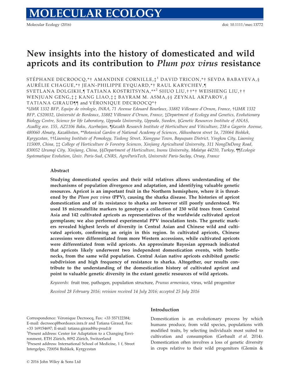 New Insights Into the History of Domesticated and Wild Apricots and Its Contribution to Plum Pox Virus Resistance