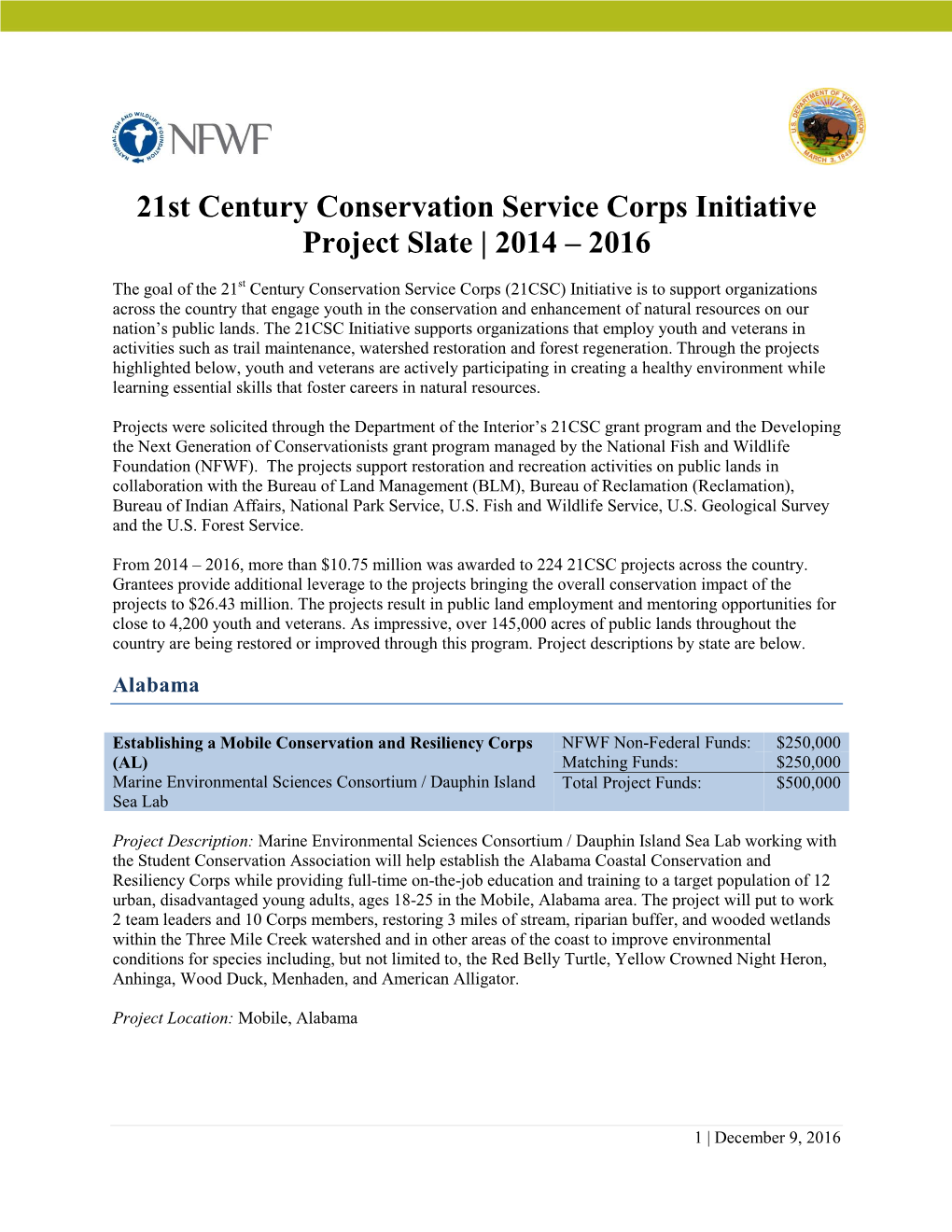 21St Century Conservation Service Corps Initiative Project Slate | 2014 – 2016