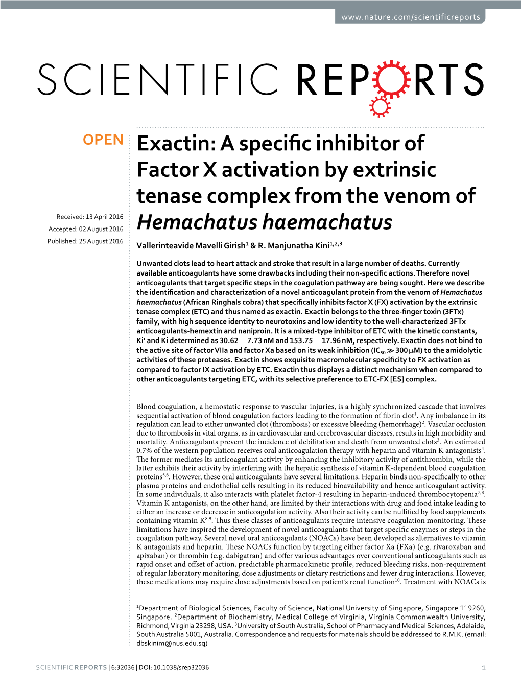 Exactin: a Specific Inhibitor of Factor X Activation by Extrinsic Tenase