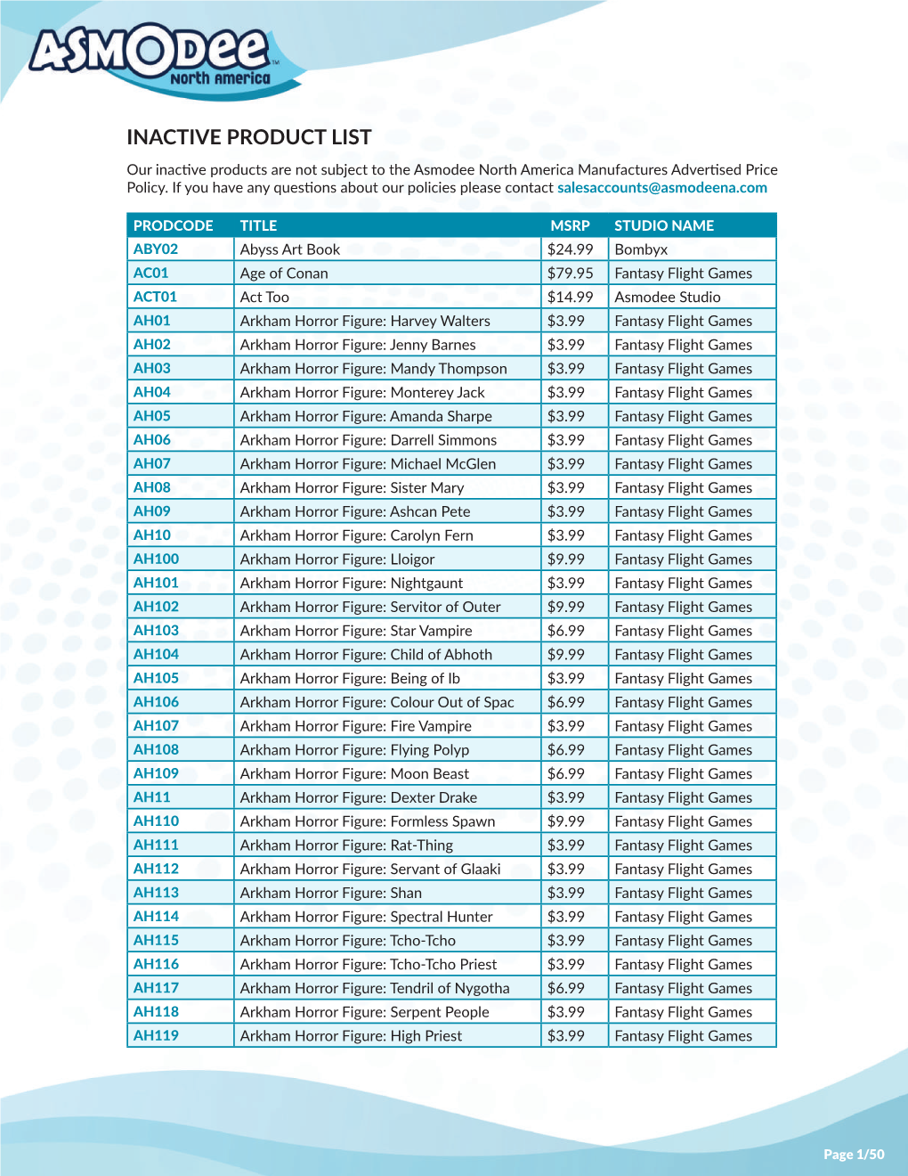 INACTIVE PRODUCT LIST Our Inactive Products Are Not Subject to the Asmodee North America Manufactures Advertised Price Policy