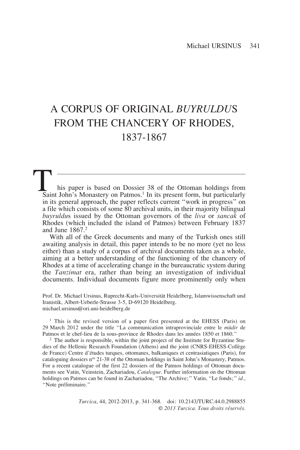 A Corpus of Original Buyruldus from the Chancery of Rhodes, 1837-1867