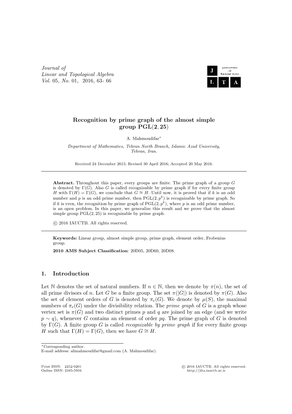 Recognition by Prime Graph of the Almost Simple Group PGL(2,25) 1. Introduction