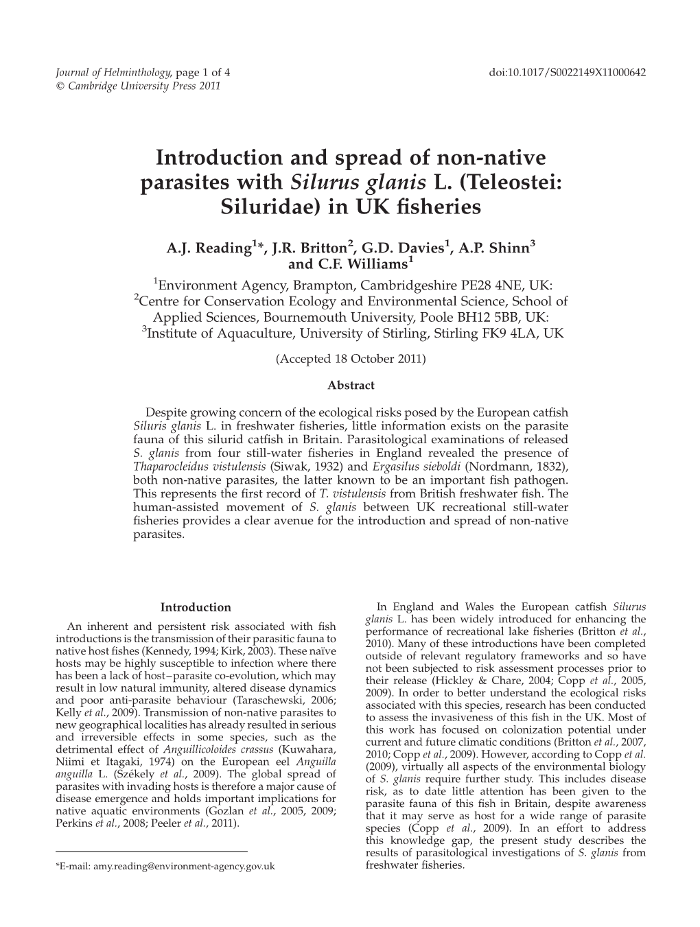 Introduction and Spread of Non-Native Parasites with Silurus Glanis L. (Teleostei: Siluridae) in UK ﬁsheries