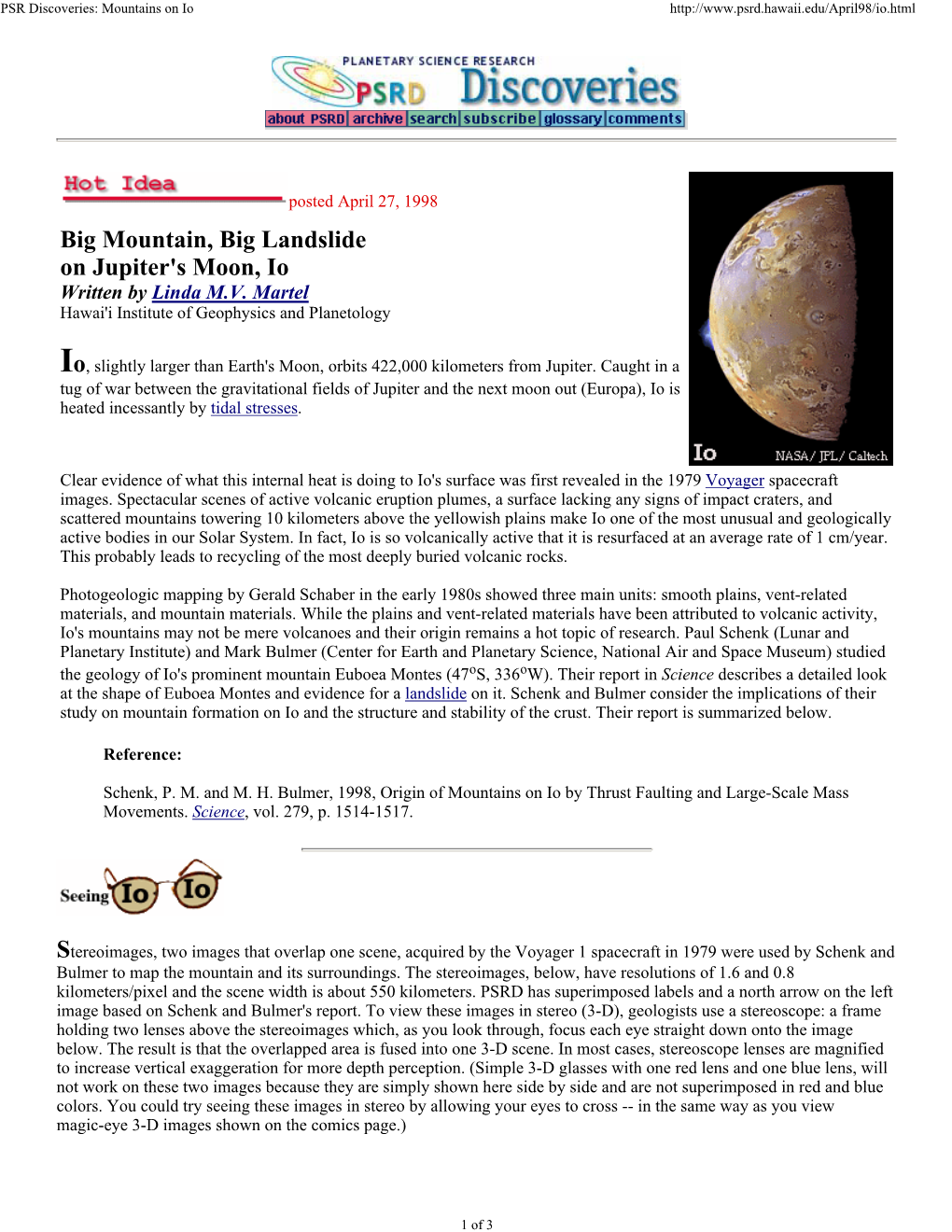 Big Mountain, Big Landslide on Jupiter's Moon, Io Written by Linda M.V