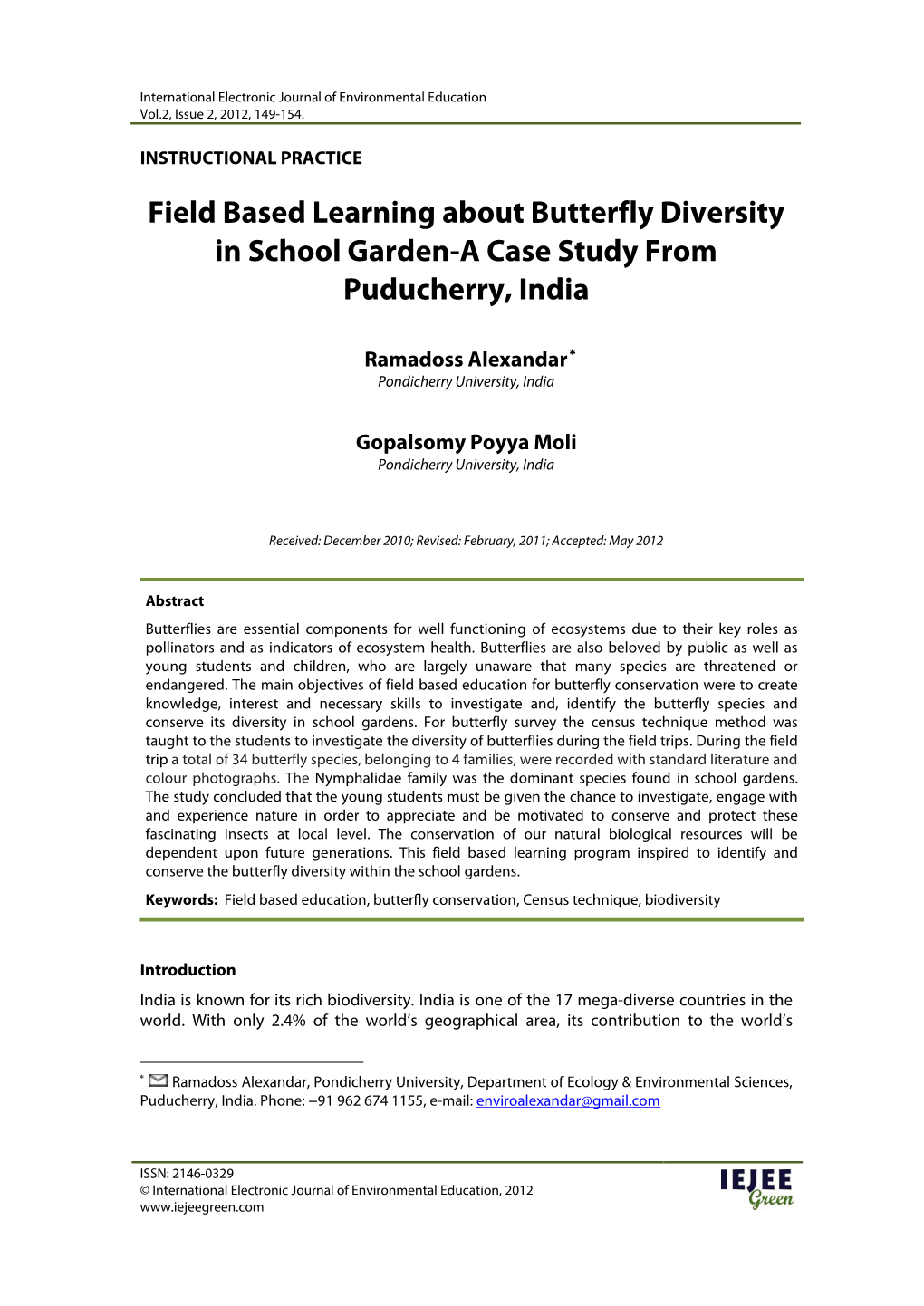 Field Based Learning About Butterfly Diversity in School Garden-A Case Study from Puducherry, India