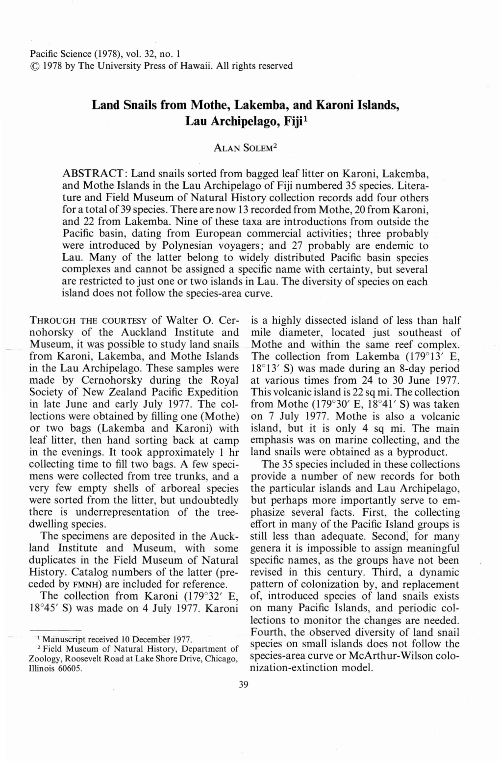 Land Snails from Mothe, Lakemba, and Karoni Islands, Lau Archipelago, Fijp