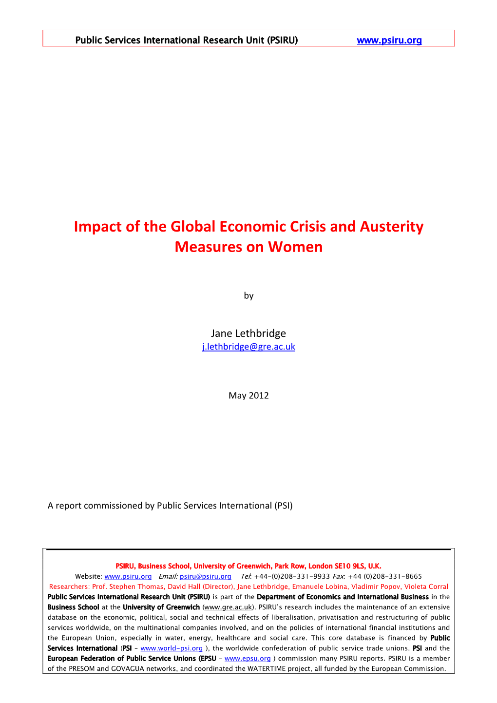 Impact of the Global Economic Crisis and Austerity Measures on Women