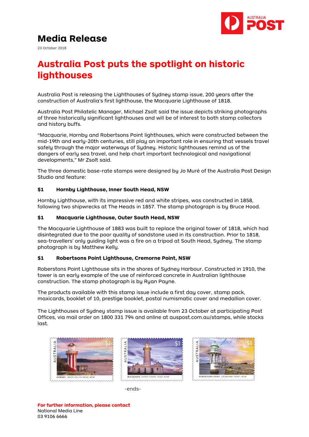 Media Release Australia Post Puts the Spotlight on Historic Lighthouses