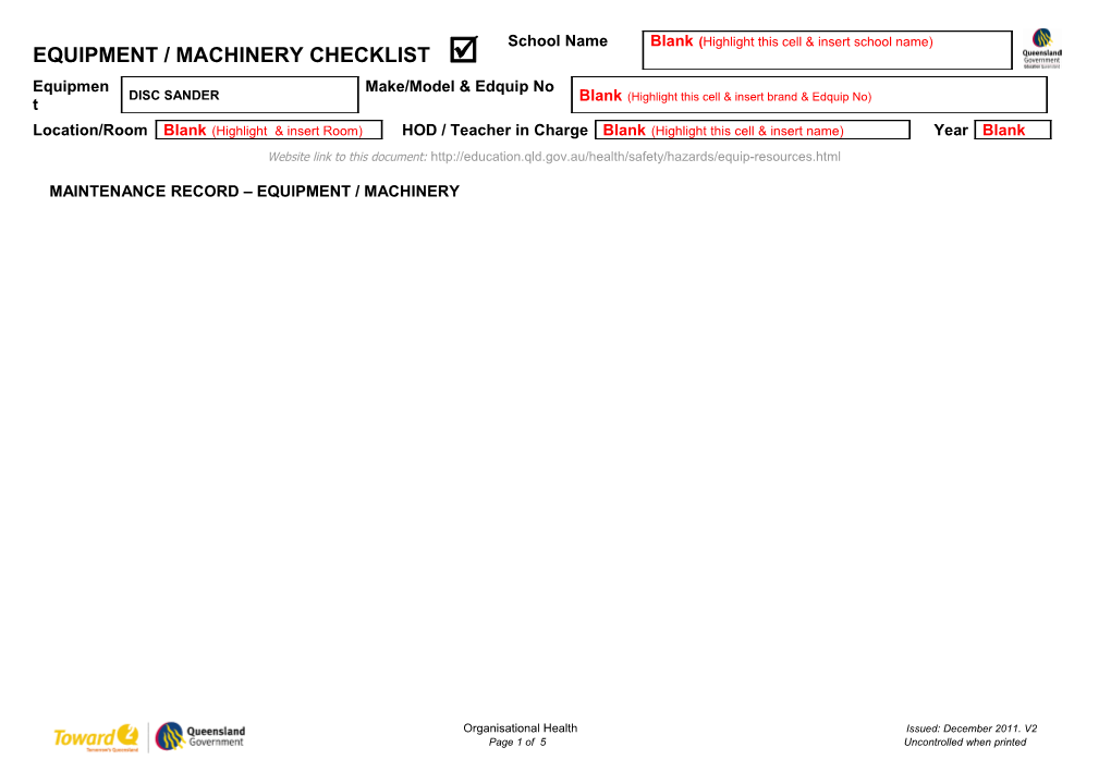 Maintenance Record Equipment / Machinery