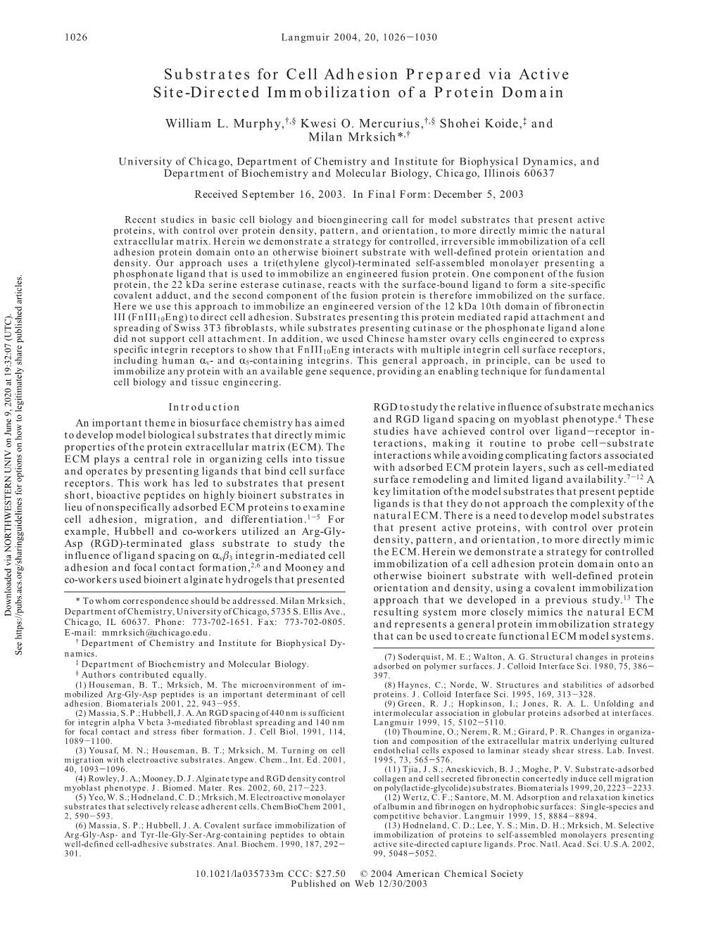 Substrates for Cell Adhesion Prepared Via Active Site-Directed Immobilization of a Protein Domain