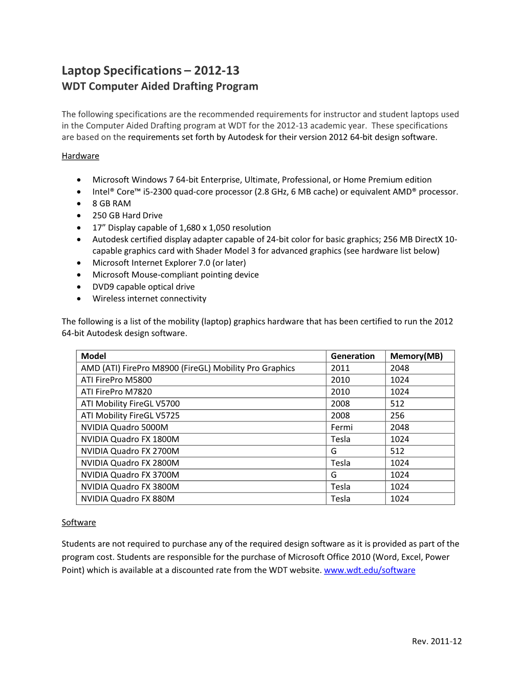 Laptop Specifications – 2012-13 WDT Computer Aided Drafting Program