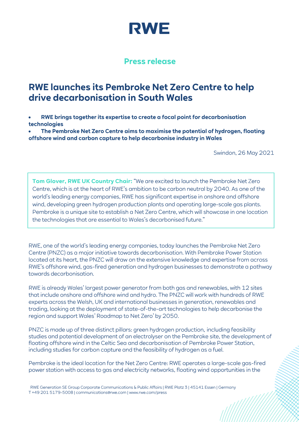 RWE Launches Its Pembroke Net Zero Centre to Help Drive Decarbonisation in South Wales