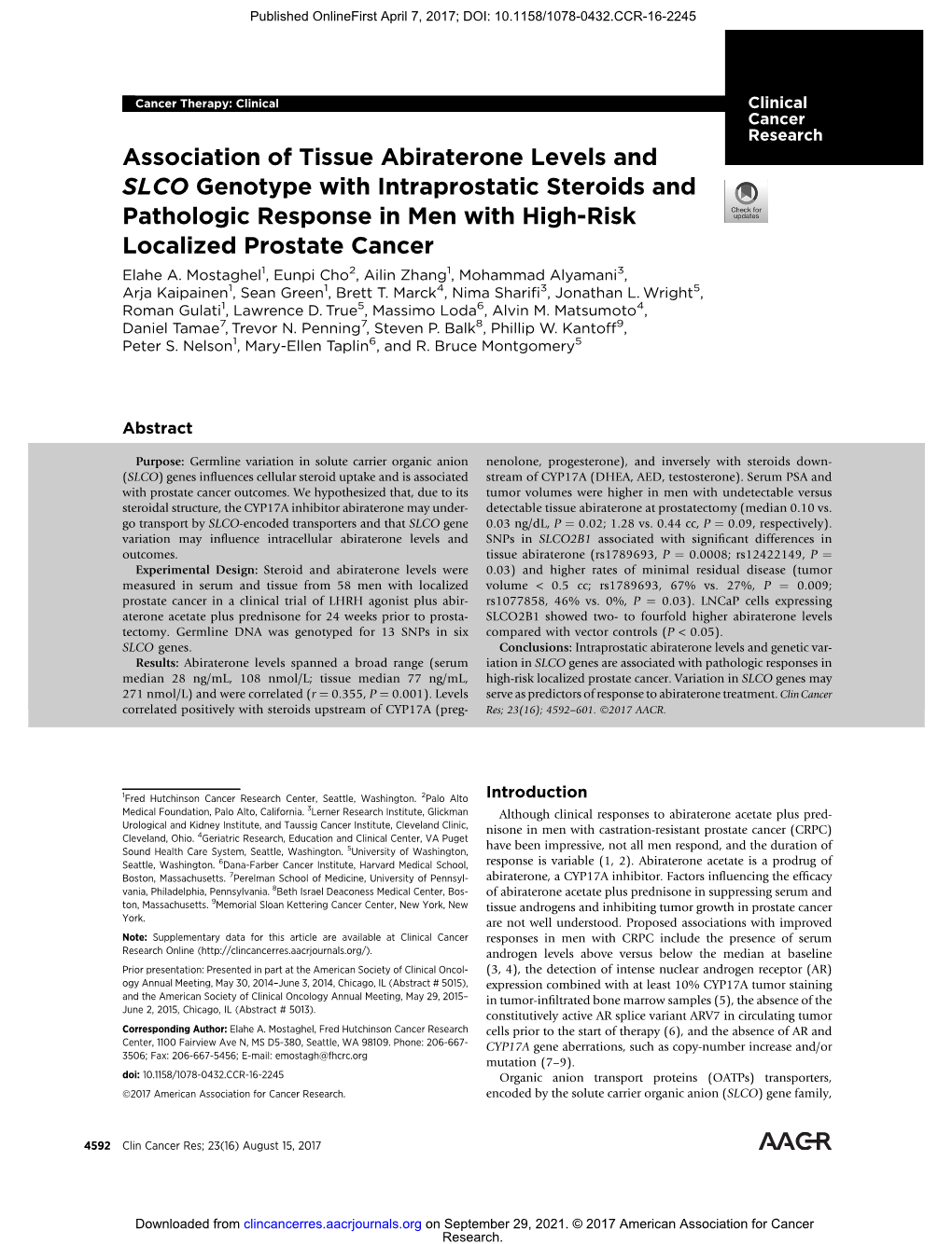 Association of Tissue Abiraterone Levels and SLCO Genotype With