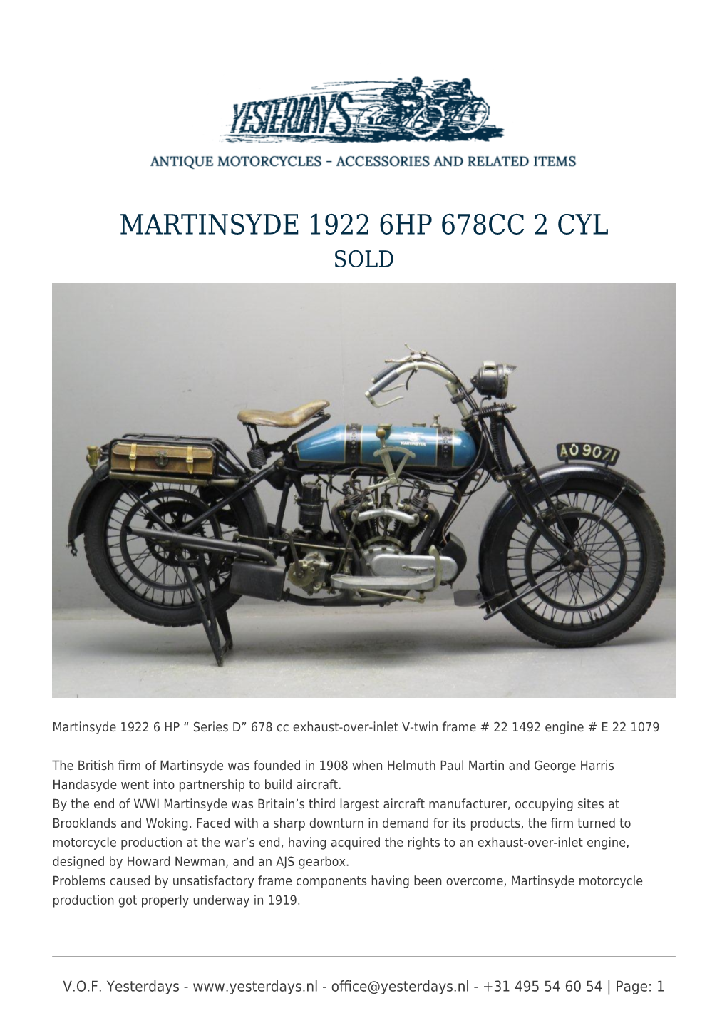 Martinsyde 1922 6Hp 678Cc 2 Cyl Sold