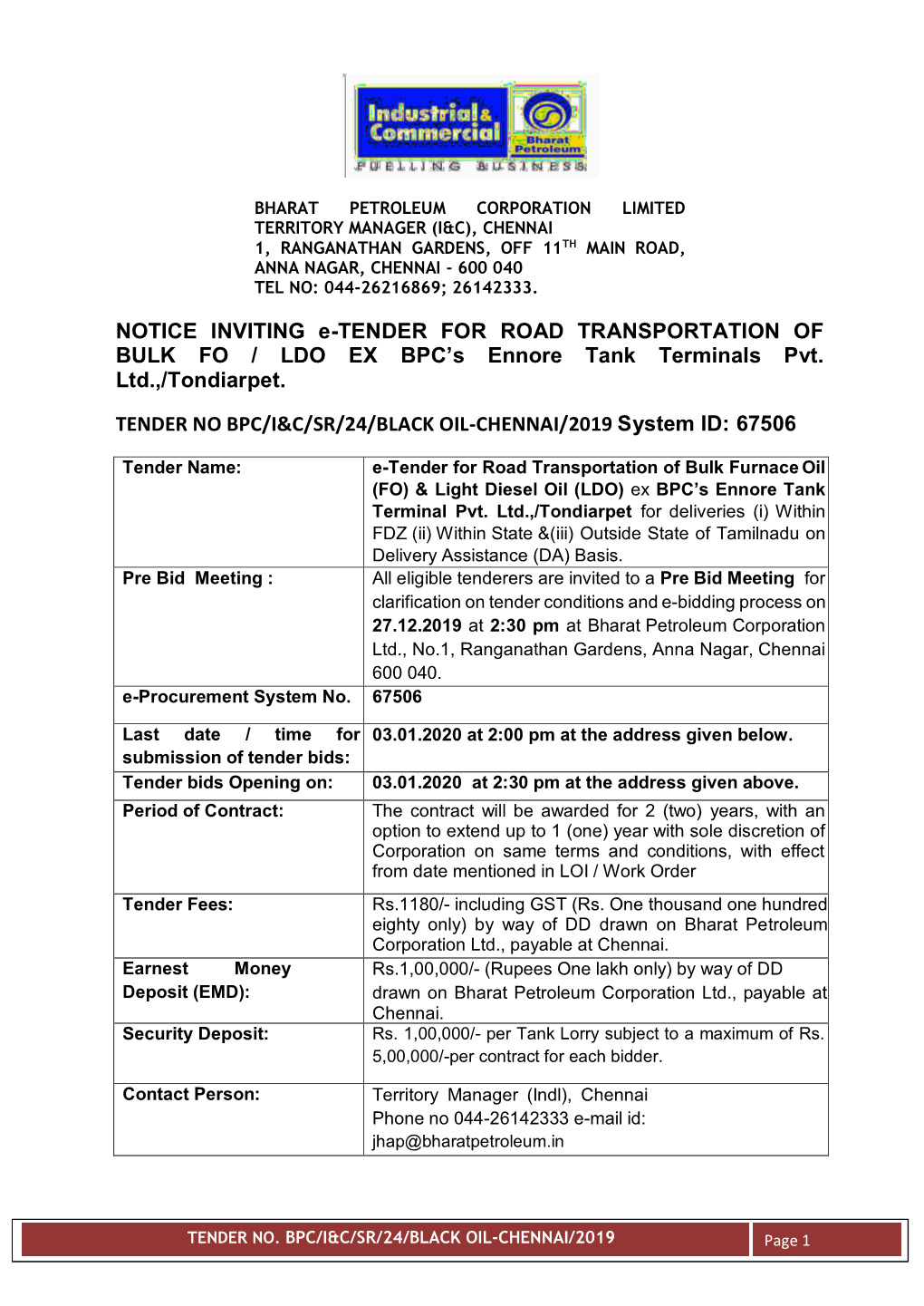 NOTICE INVITING E-TENDER for ROAD TRANSPORTATION of BULK FO / LDO EX BPC’S Ennore Tank Terminals Pvt