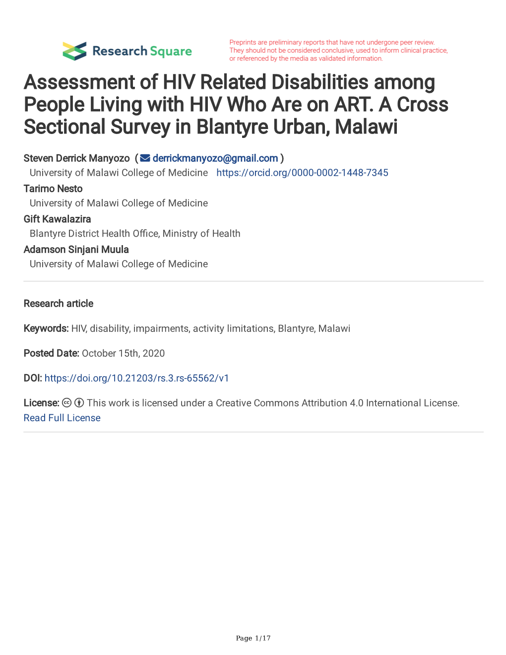 Assessment of HIV Related Disabilities Among People Living with HIV Who Are on ART