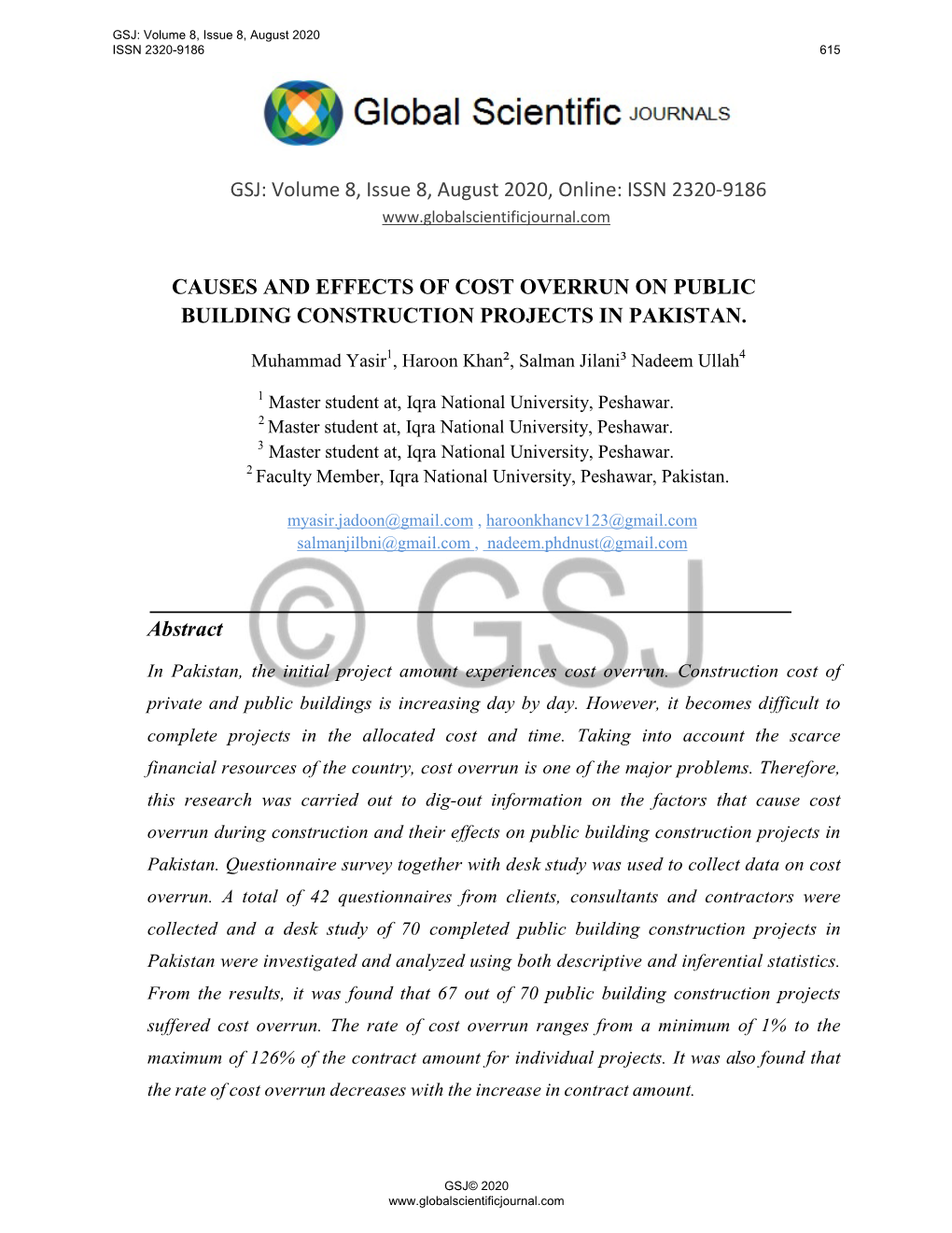 Issn 2320-9186 Causes and Effects of Cost Overrun on Public Building Construction P