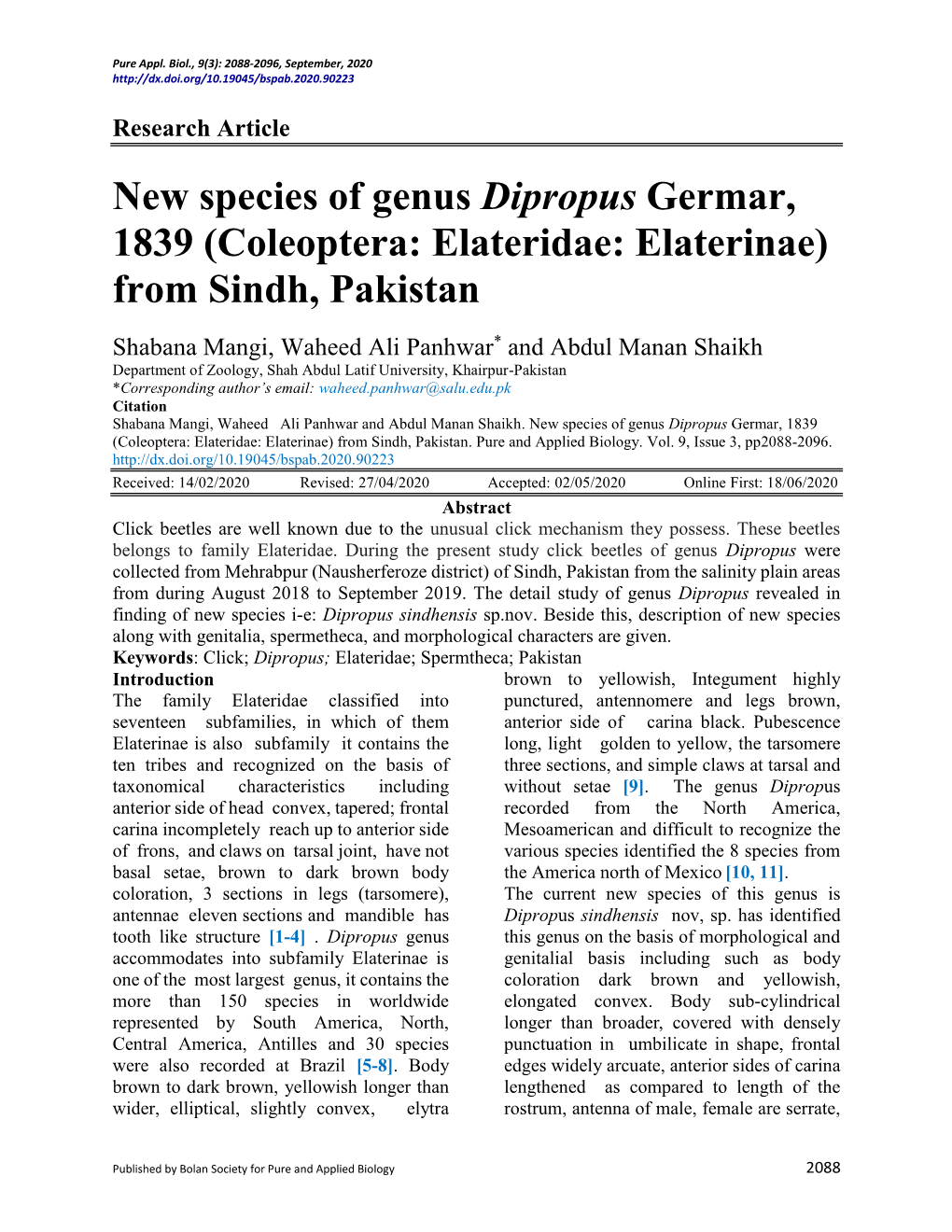 New Species of Genus Dipropus Germar, 1839 (Coleoptera: Elateridae: Elaterinae) from Sindh, Pakistan