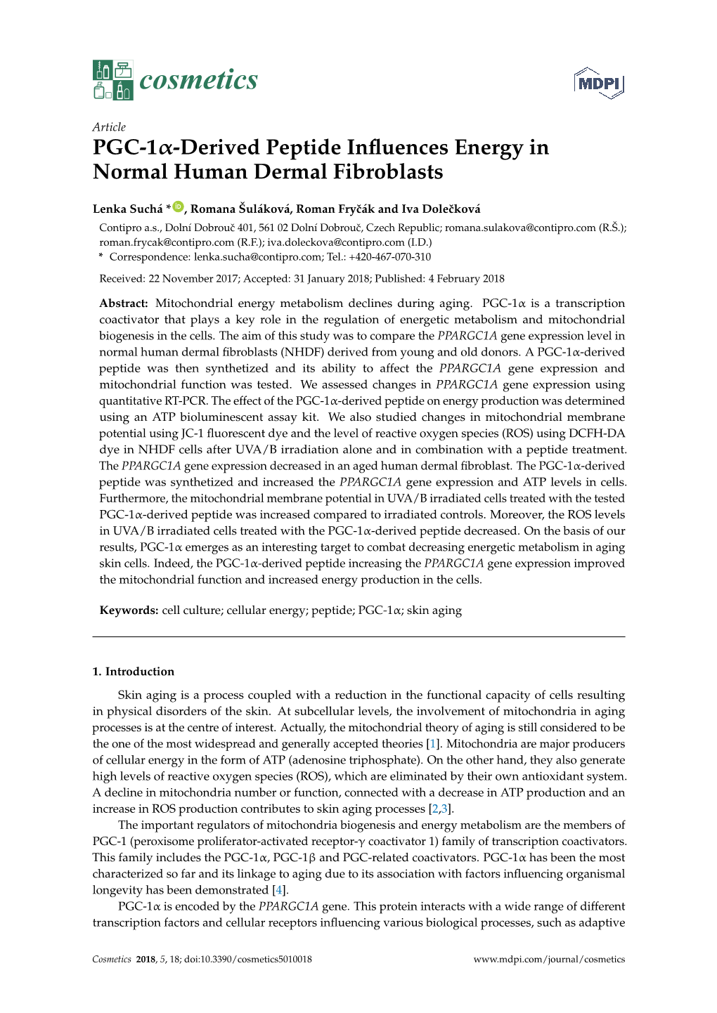 PGC-1Α-Derived Peptide Influences Energy in Normal Human Dermal