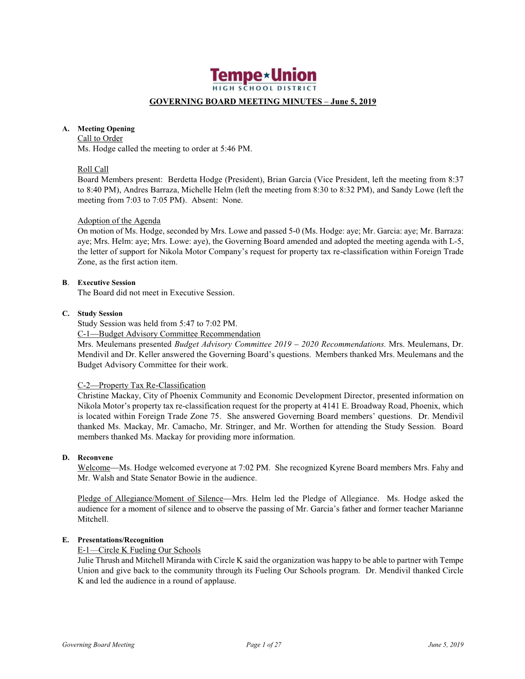GOVERNING BOARD MEETING MINUTES – June 5, 2019