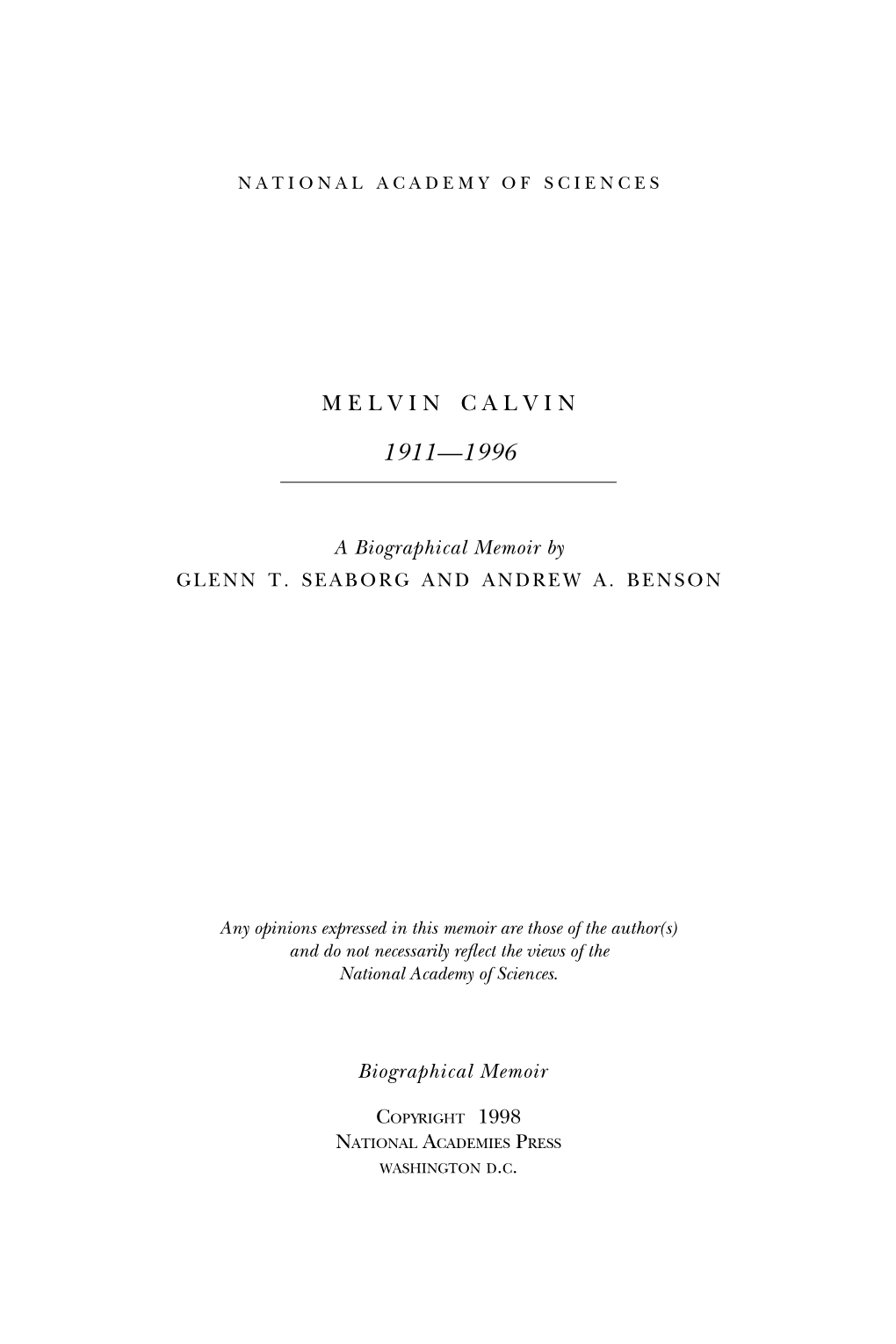 MELVIN CALVIN April 8, 1911–January 8, 1997