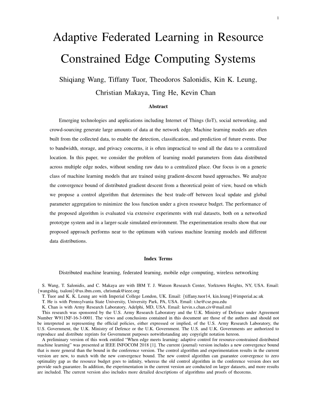 Adaptive Federated Learning in Resource Constrained Edge Computing Systems