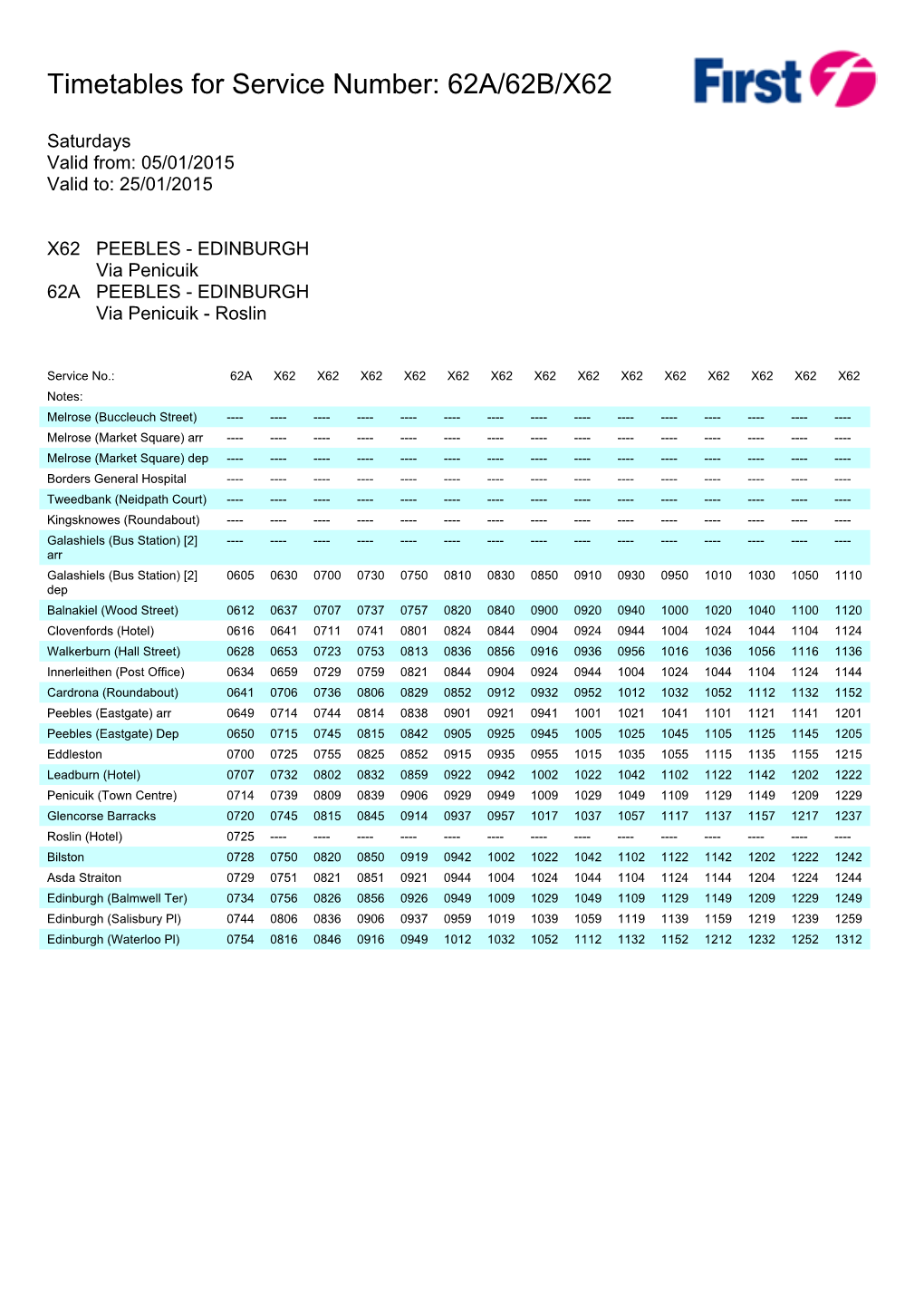 Timetables for Service Number: 62A/62B/X62