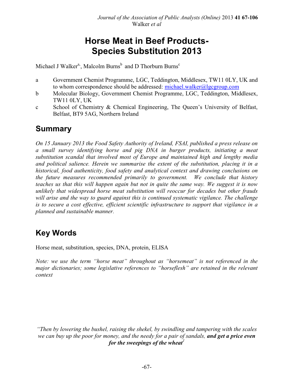 Horse Meat in Beef Products- Species Substitution 2013