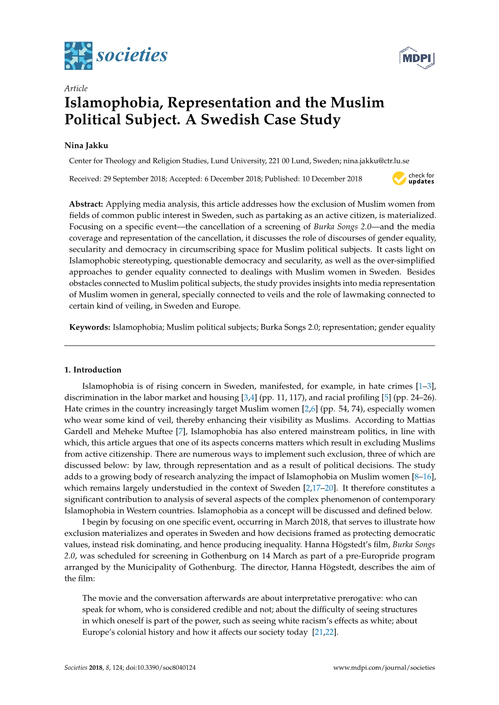 Islamophobia, Representation and the Muslim Political Subject. a Swedish Case Study