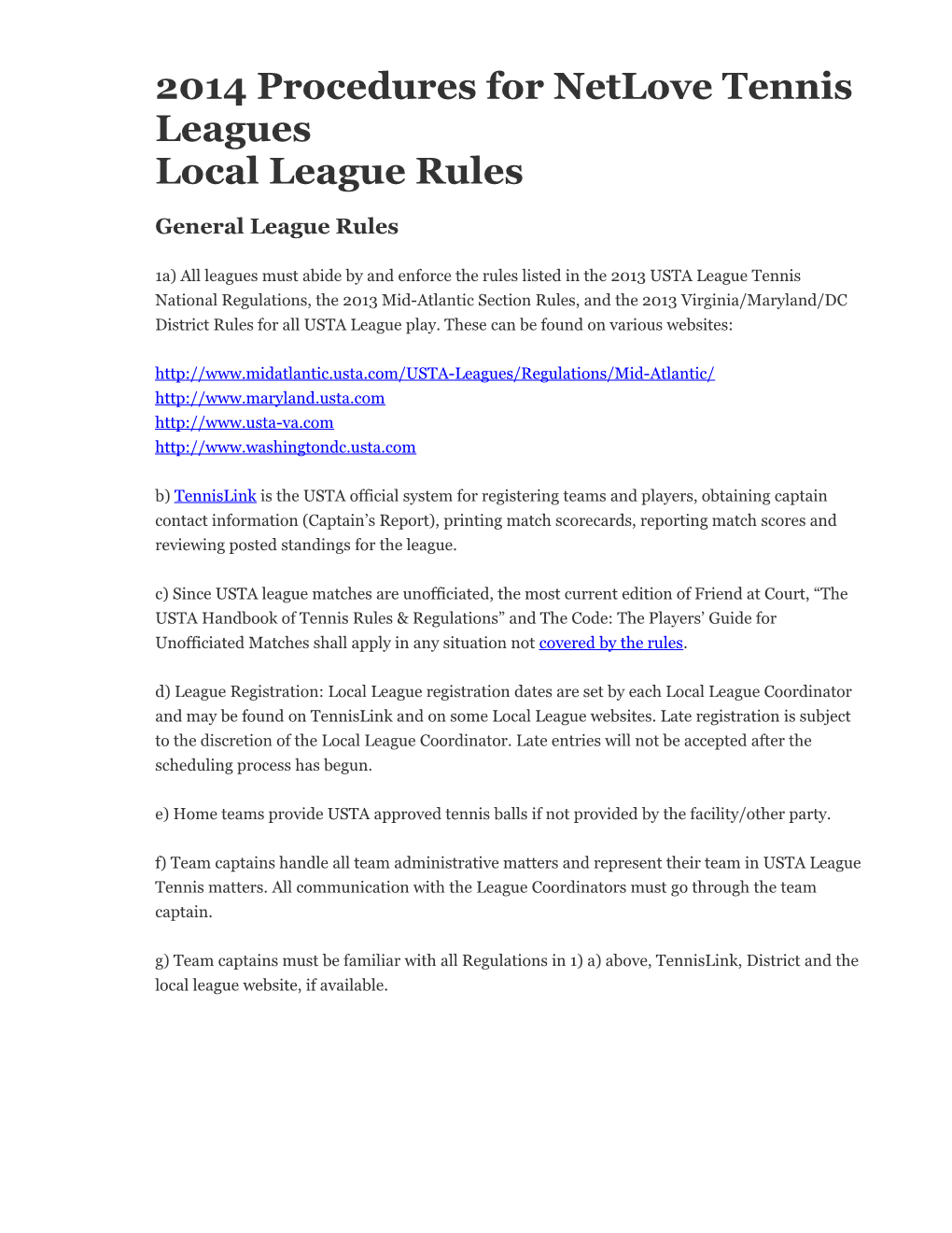 2014 Procedures for Netlove Tennis Leagues