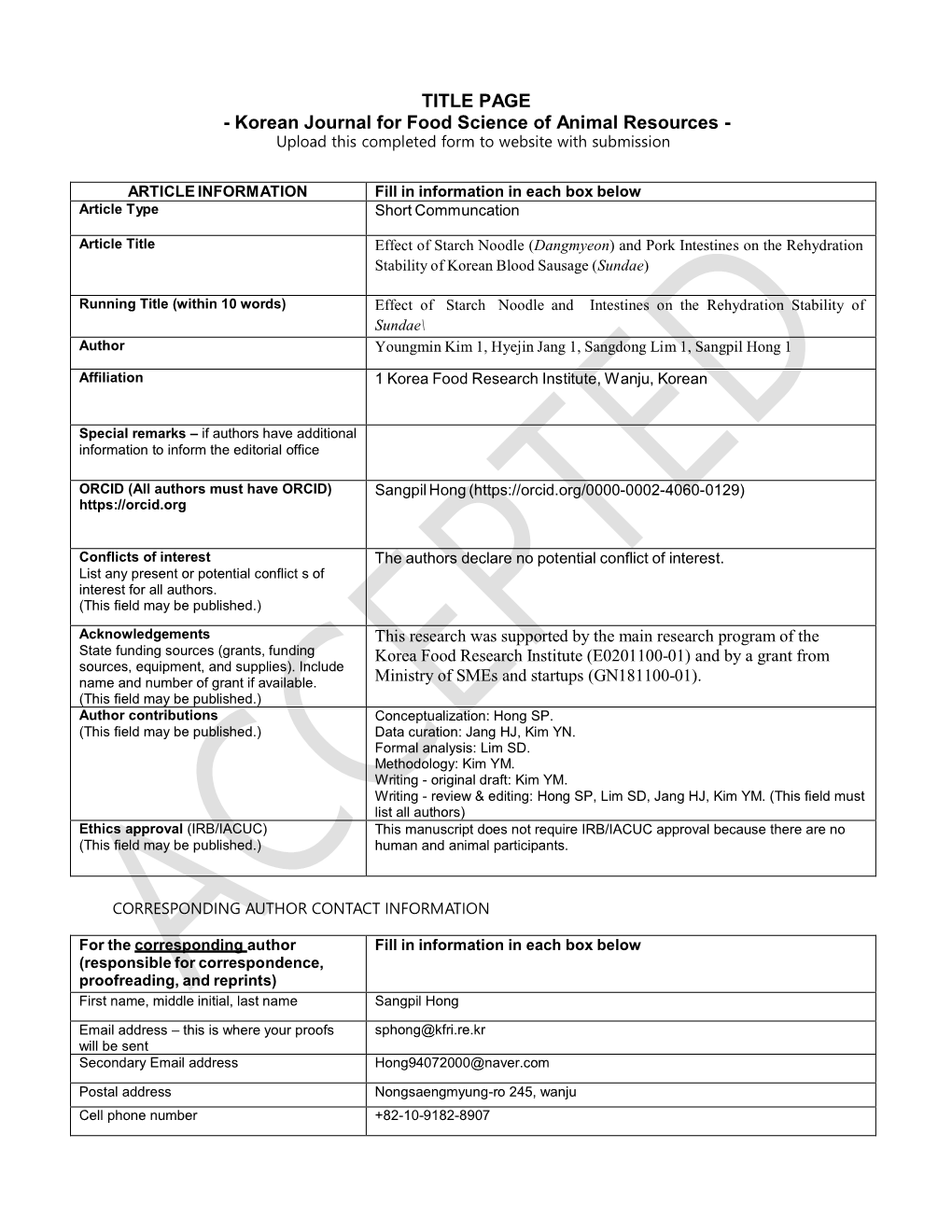 TITLE PAGE - Korean Journal for Food Science of Animal Resources - Upload This Completed Form to Website with Submission