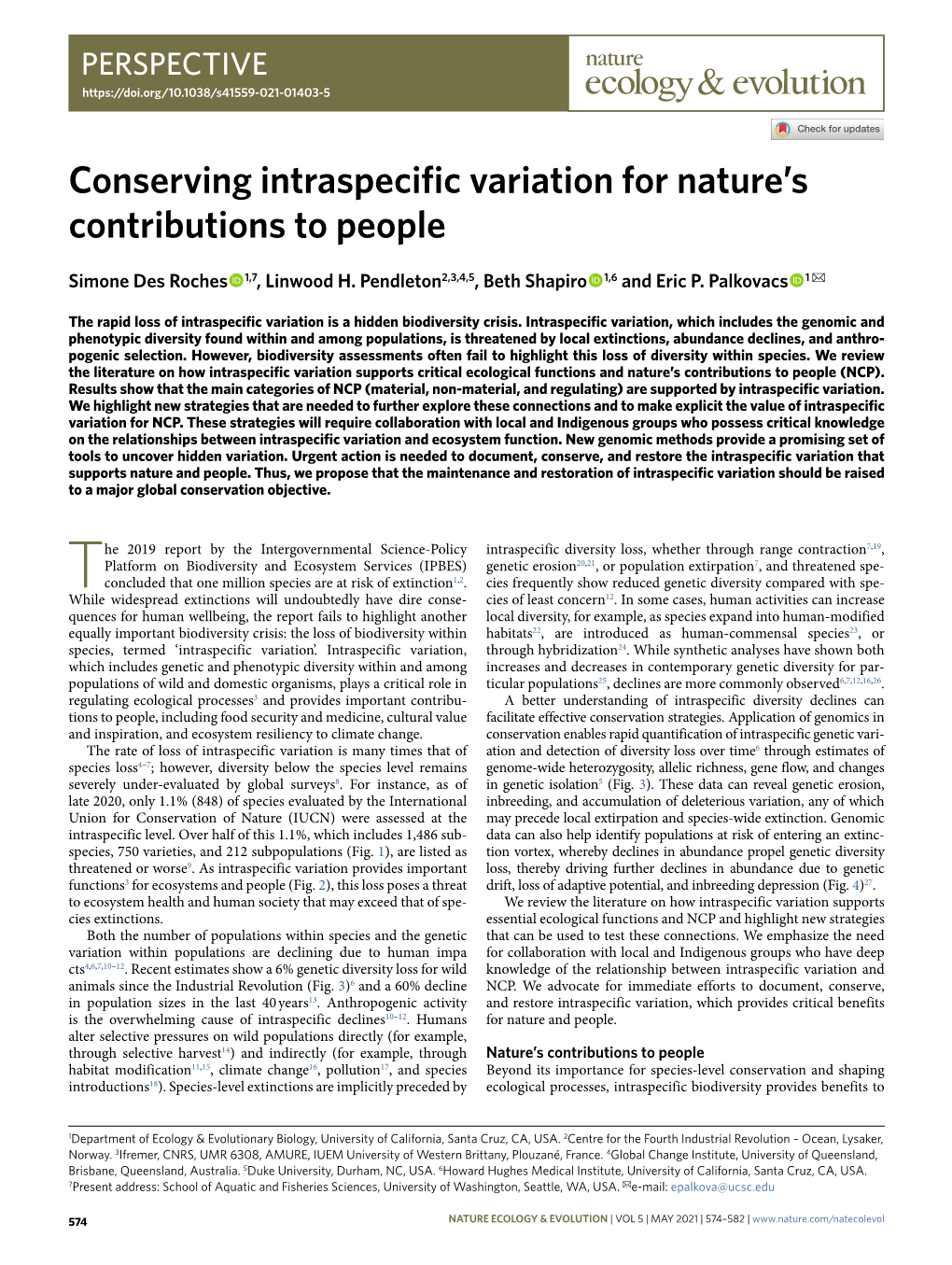 Conserving Intraspecific Variation for Nature's Contributions to People
