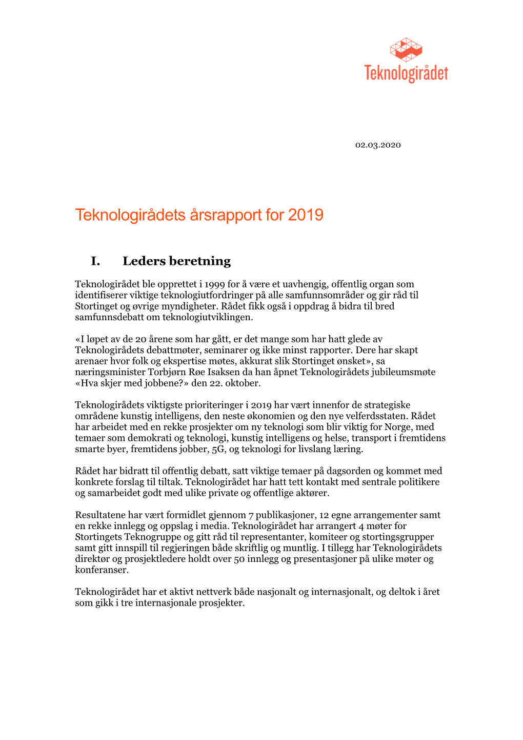 Teknologirådets Årsrapport for 2019