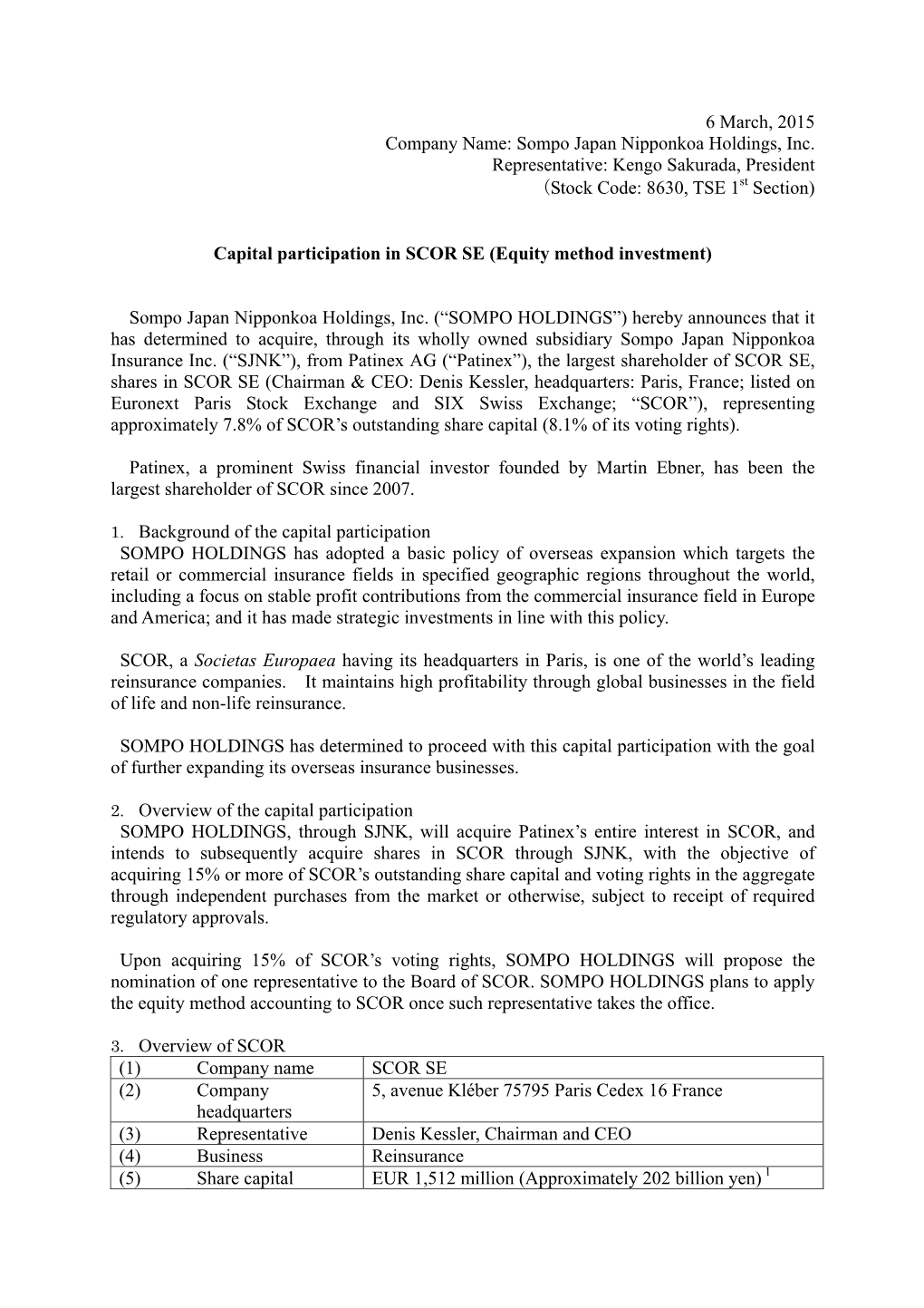 Capital Participation in SCOR SE (Equity Method Investment) Sompo