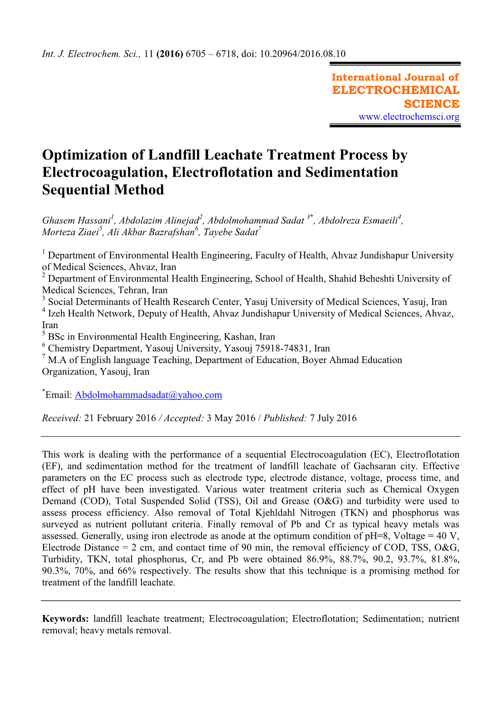 Optimization of Landfill Leachate Treatment Process by Electrocoagulation, Electroflotation and Sedimentation Sequential Method