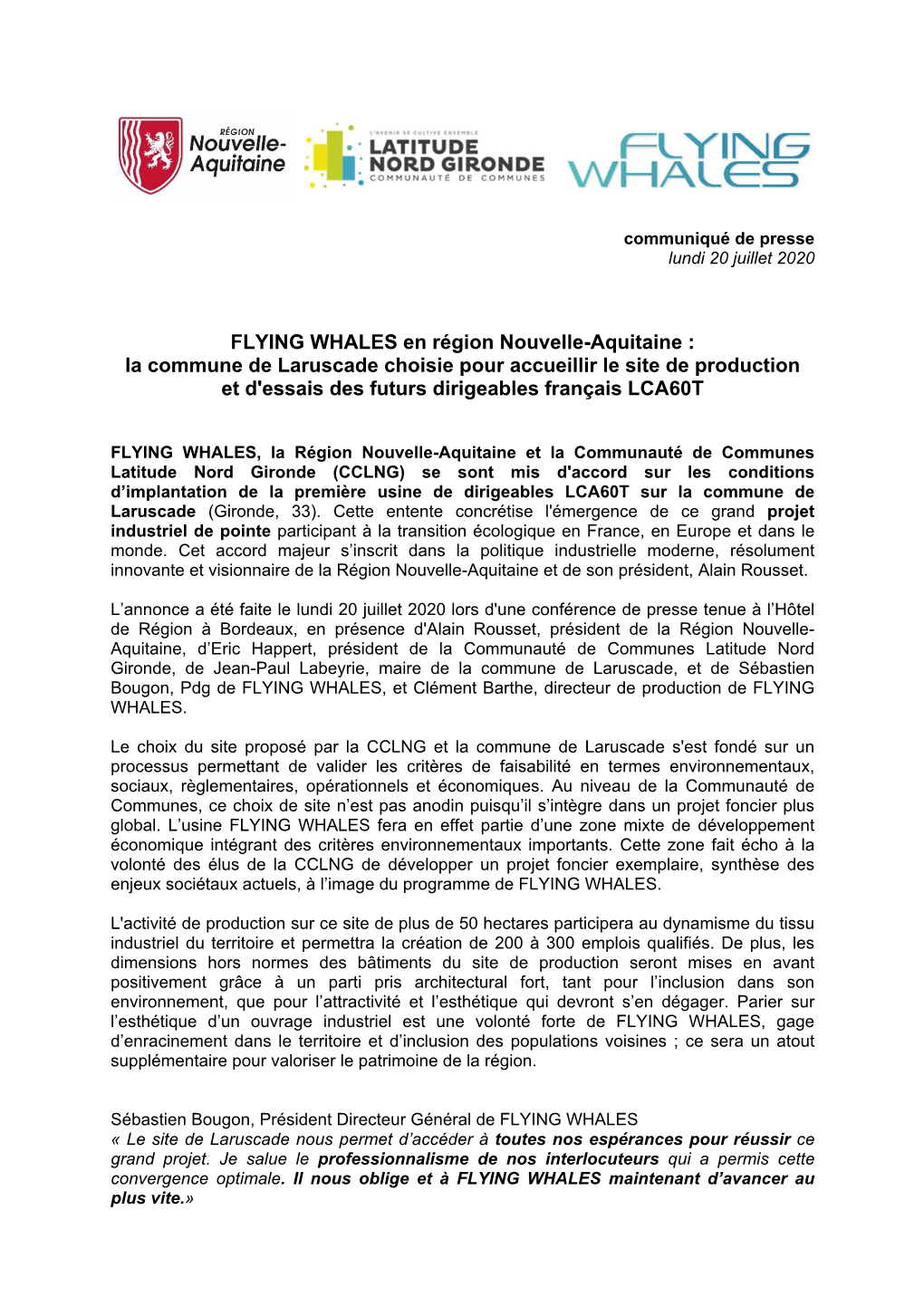 FLYING WHALES En Région Nouvelle-Aquitaine : La Commune De Laruscade Choisie Pour Accueillir Le Site De Production Et D'essais Des Futurs Dirigeables Français LCA60T