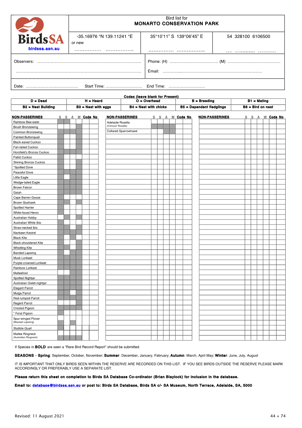 Monarto CP Bird List