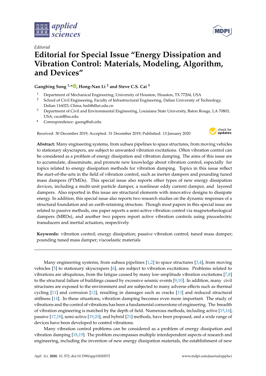 Energy Dissipation and Vibration Control: Materials, Modeling, Algorithm, and Devices”