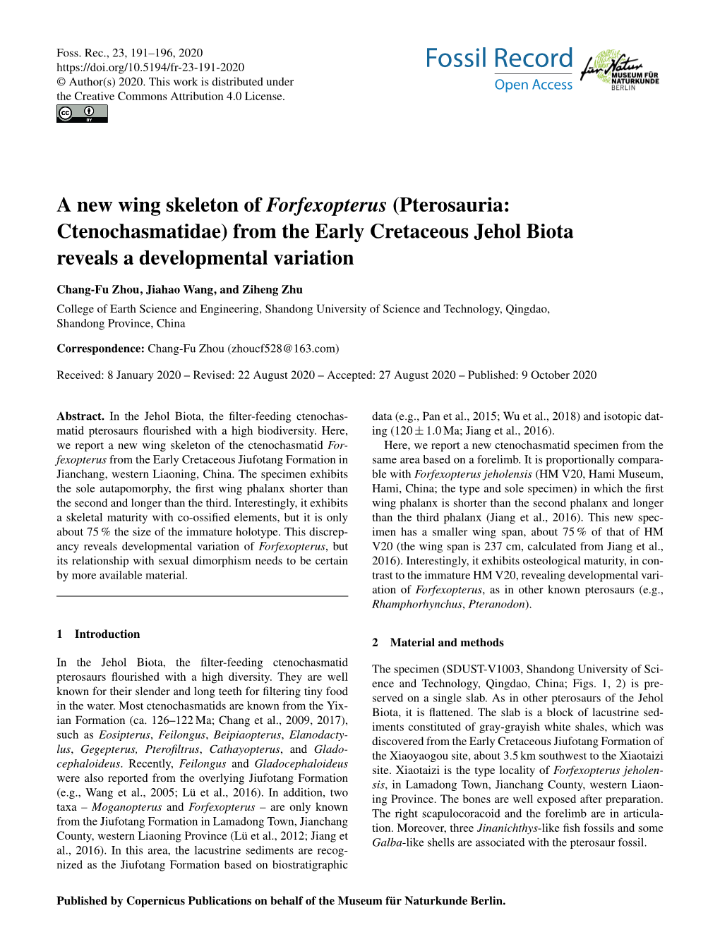 A New Wing Skeleton of Forfexopterus (Pterosauria: Ctenochasmatidae) from the Early Cretaceous Jehol Biota Reveals a Developmental Variation