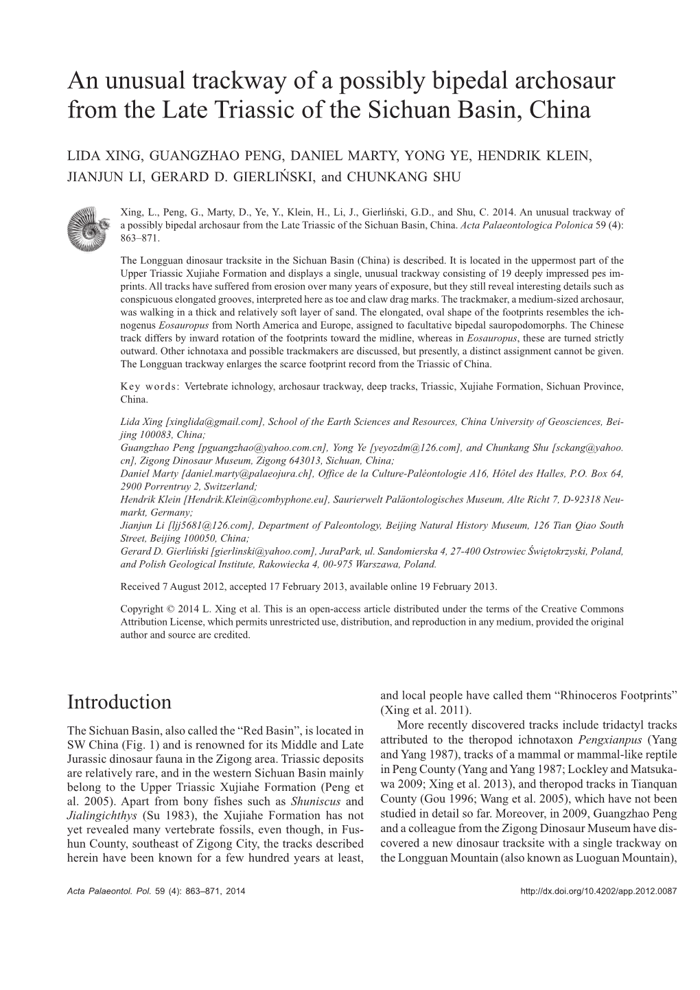 An Unusual Trackway of a Possibly Bipedal Archosaur from the Late Triassic of the Sichuan Basin, China