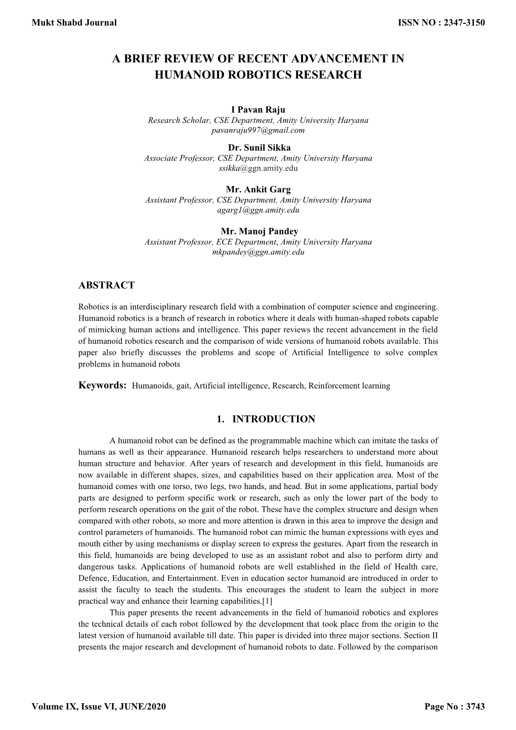 A Brief Review of Recent Advancement in Humanoid Robotics Research