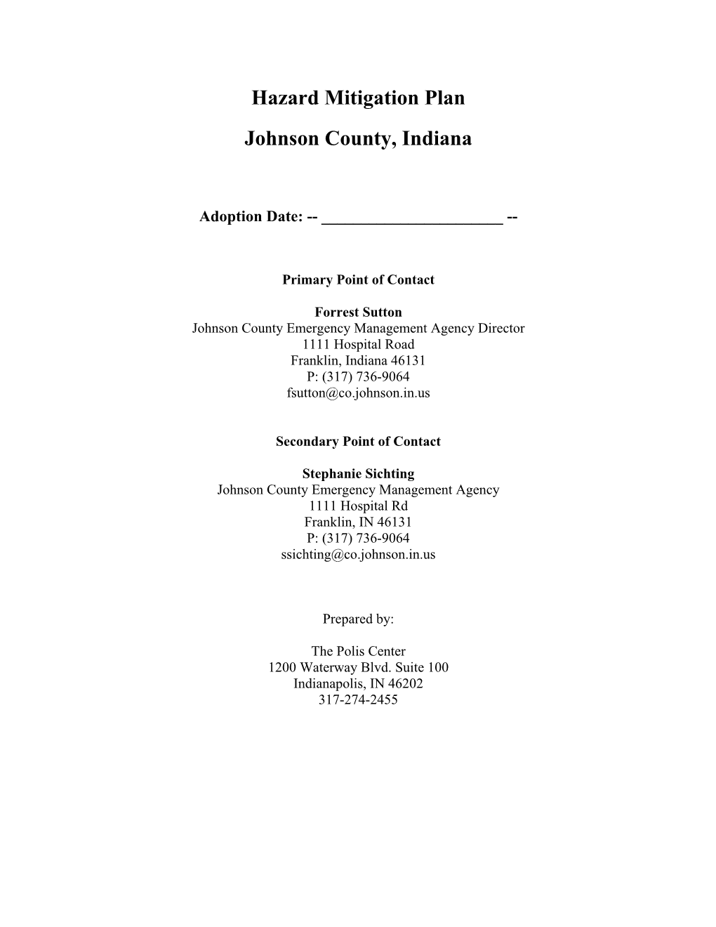 Hazard Mitigation Plan Johnson County, Indiana