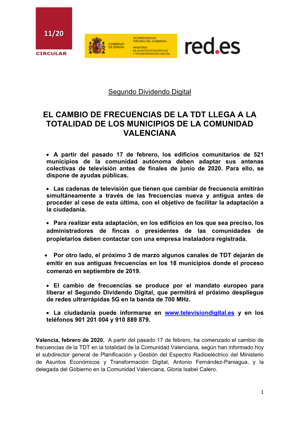 Circular Nº 11/2020. Información Sobre El Segundo Dividendo Digital Y