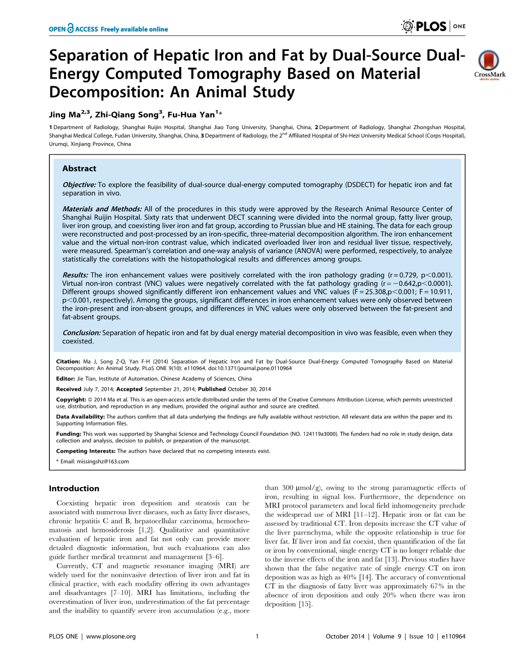 Separation of Hepatic Iron and Fat by Dual-Source Dual-Energy Computed Tomography Based on Material Decomposition: an Animal Study