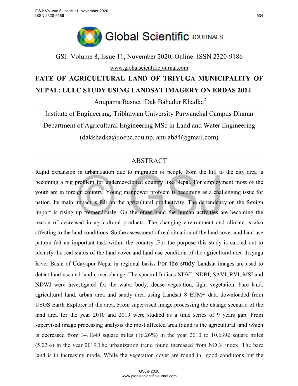 Issn 2320-9186 Fate of Agricultural Land Of