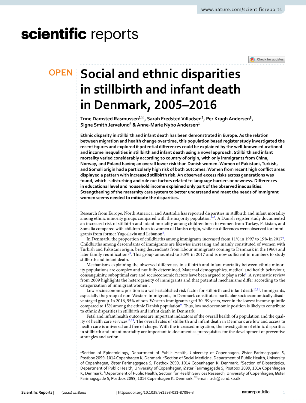 Social and Ethnic Disparities in Stillbirth and Infant Death In