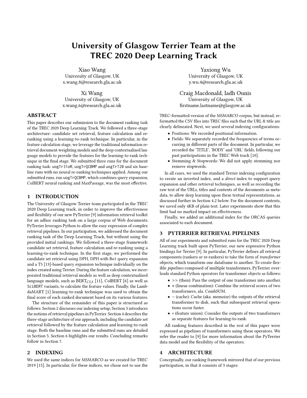 University of Glasgow Terrier Team at the TREC 2020 Deep Learning Track