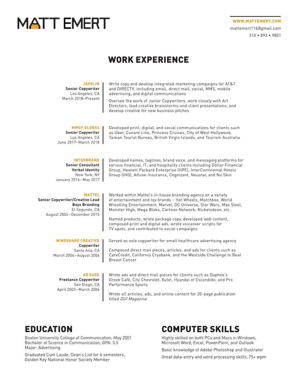 Work Experience Education Computer Skills